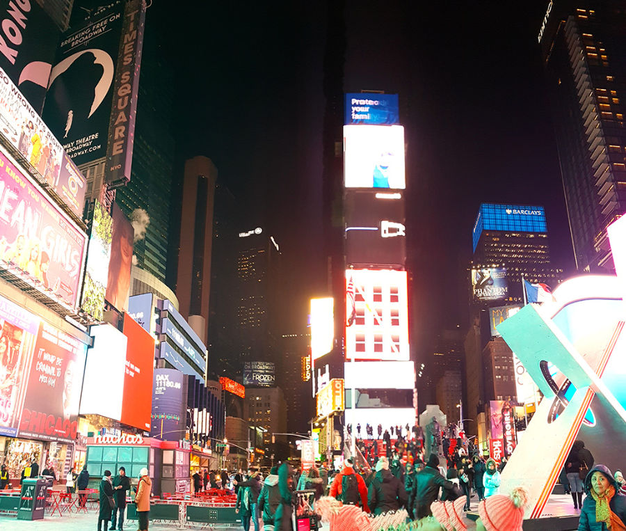 Times Square de noche en invierno, luces de neón y carteles LED - Foto de Andrea Hoare Madrid
