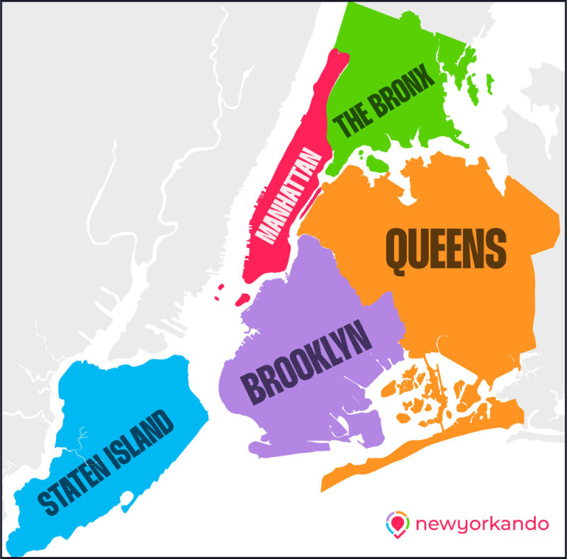 Mapa de Nueva York, se diferencian los 5 distritos que conforman la ciudad: Manhattan, Brooklyn, Queens, El Bronx y Staten Island - Diseño de Newyorkando