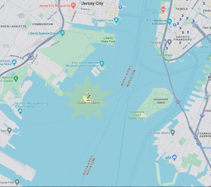 Mapa de la Isla de la Estatua de Libertad ubicada en aguas territoriales de Nueva Jersey. Captura de pantalla de Google Maps.