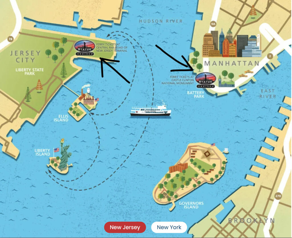 Mapa de los terminales del Ferry a la Estatua de la Libertad: Liberty State Park en New Jersey y Battery Park en Manhattan - Captura de Pantalla del Mapa de Statue City Cruises disponible en https://www.cityexperiences.com/es/new-york/city-cruises/statue/