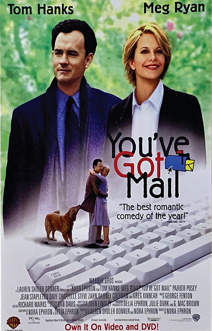 Poster de una de las comedias románticas más famosas filmadas en Nueva York: Tienes un correo. Se ve a Tom Hanks y Meg Ryan y a un teclado de computador.